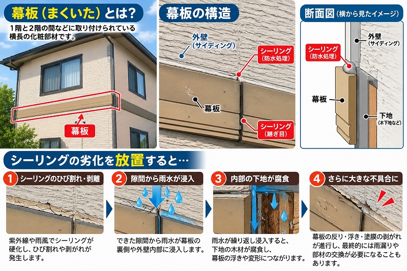 住宅の幕板とはどの部分かを説明したイラスト
シーリング劣化の説明もしています 守山区 春日井市